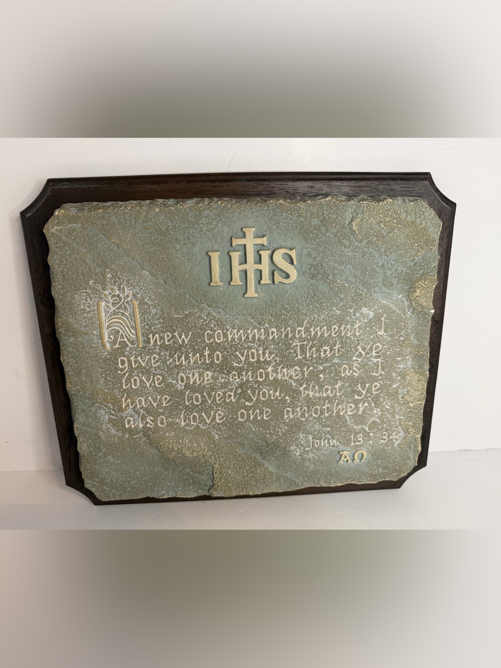 Christian John 13:34 Wall Plaque IHS Alpha Omega Religious Scripture Faux Stone